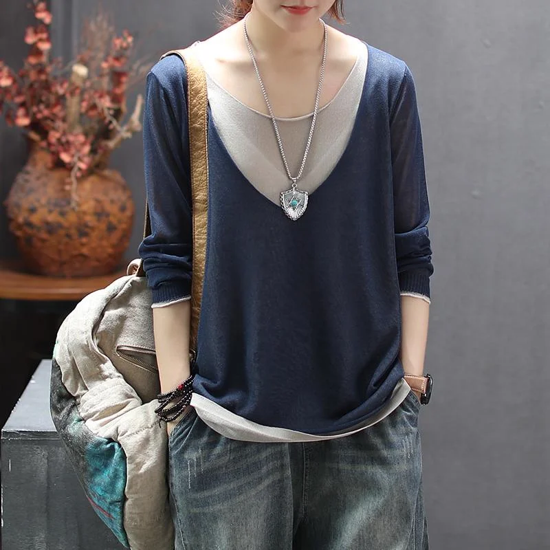 Knitted Linen Fake Two-piece Round Neck T-shirt