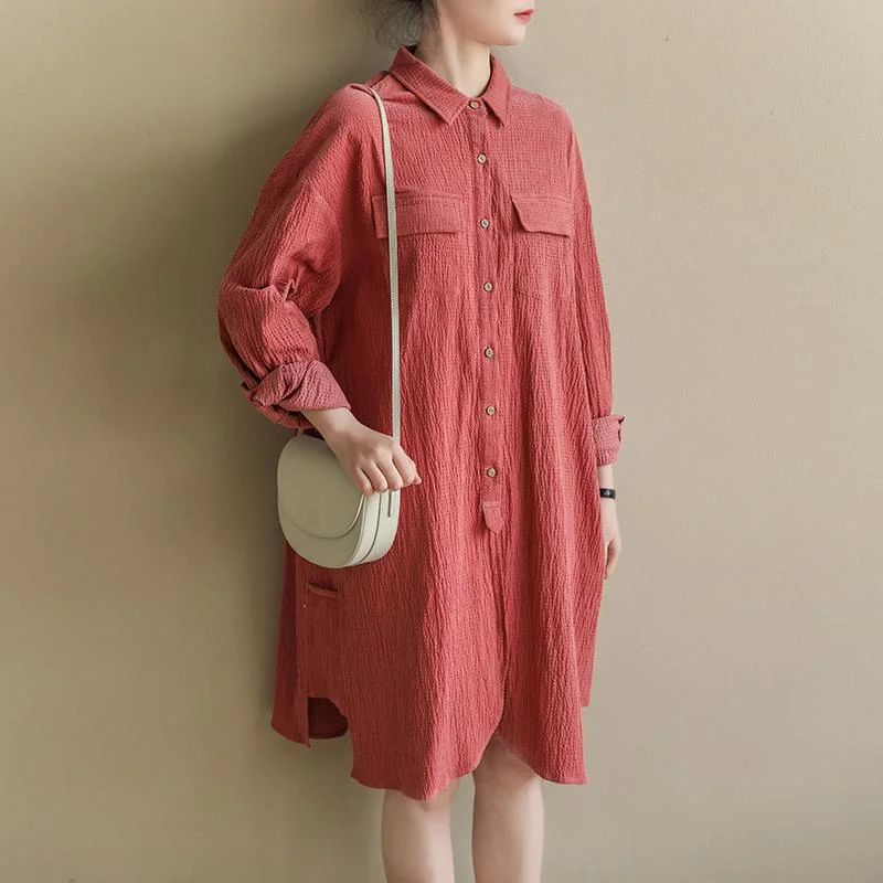 Loose Casual Bubble Cotton Linen Shirt Dress Spring