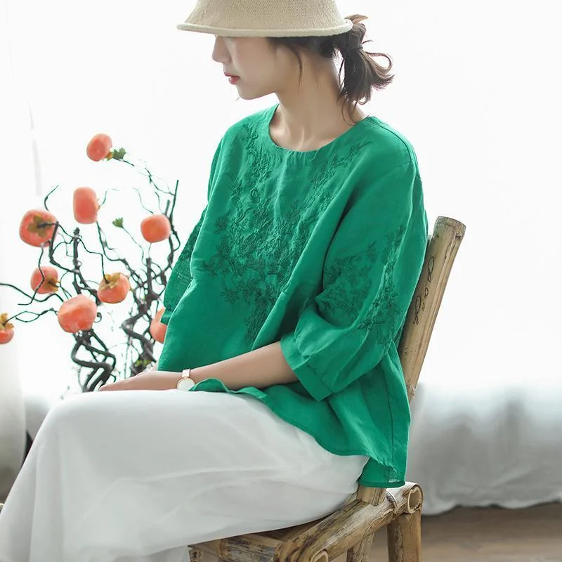 Short Sleeve Embroidery Cotton Linen Blouse