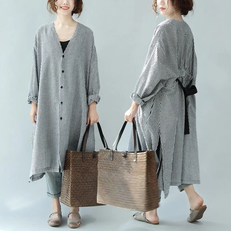 Spring Linen Plaid Casual Loose Long Shirt Dress For Women