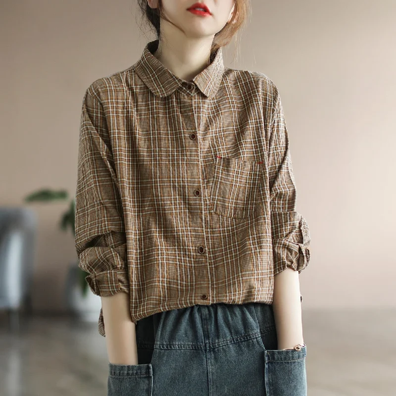 Spring Plaid Retro Long Sleeve Women Cottton Blouse