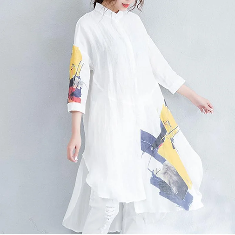 White Printed High Low Cotton Linen Loose Literary Shirt