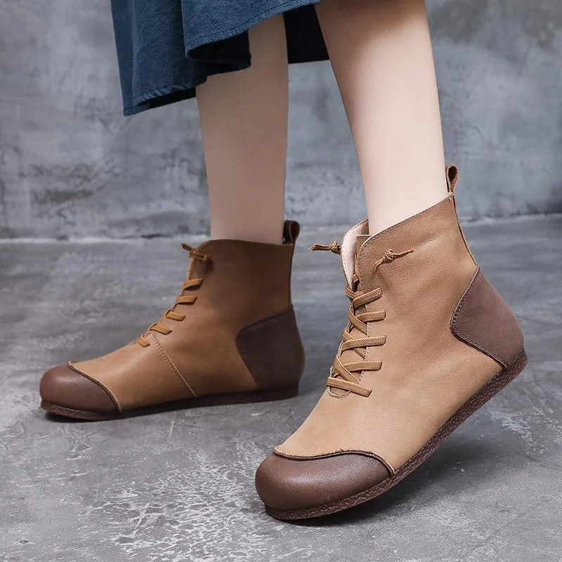 Winter Retro Color Matching Leather Flat Handmade Boots