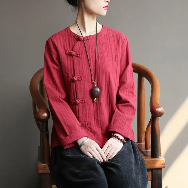 Women Cotton Frog O-Neck Casual Shirt